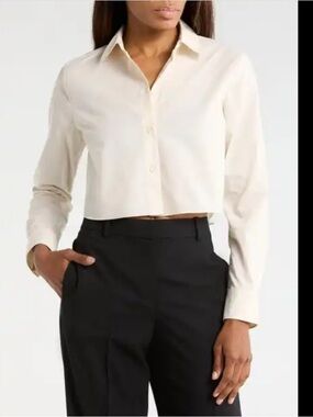 Theory Cropped Classic Shirt Eggshell Poplin Button Down Size S